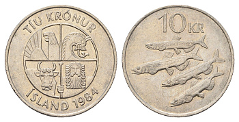 Исландия 10 крон 1984 рыбы KM 29.1 медно-никель 4582-236