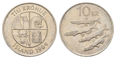 Исландия 10 крон 1984 рыбы KM 29.1 медно-никель 4582-236