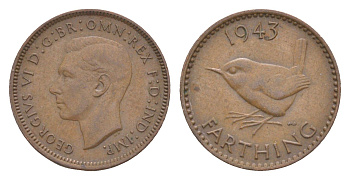Великобритания 1 фартинг 1943 Георг VI (1936-1952) KM 843, Spink 4116 бронза 3457-1163