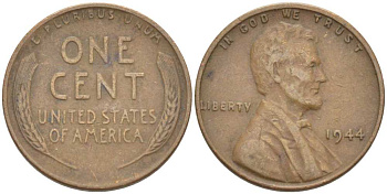 США 1 ЦЕНТ 1944 ЛИНКОЛЬН KM А132 медь цинк 3309-524