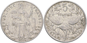 Французская Новая Каледония 5 франков 2004 птица кагу, (IEOM) KM 16, Schoen 12, Lec 81i алюминий 189-1215