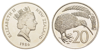 Новая Зеландия 20 центов 1986 тираж 10.000 экземпляров KM 62 медно-никель PROOF 413-723