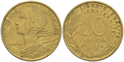 ФРАНЦИЯ 10 САНТИМОВ 1967 ТИП MARIANNE KM 929 медь алюминий никель 3309-1049