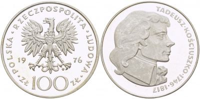 Польша 100 злотых 1976 MW, Тадеуш Костюшко (1746-1817) KM 82, Parchimowicz 274 серебро PROOF 1082-1-24