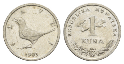 Хорватия 1 куна 1993 западный соловей, легенда на хорватском KM 9.1 медь цинк никель UNC 4651-549