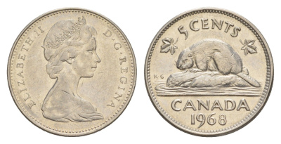 Канада 5 центов 1968 Елизавета II (1952-2022), бобр KM 60.1 никель 4639-452