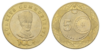 Турция 5 лир 2023 100 лет Турецкой Республики KM NEW биметалл UNC 221-1034