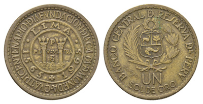 Перу 1 соль 1965 400 лет открытию Монетного двора Лимы KM 240 латунь 4663-433