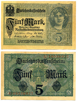 Германия 5 марок 1917 1 августа 1917, номер восьмизначный, серия U, ФИОЛЕТОВАЯ, выпуск 1 декабря 1917 - 29 апреля 1924 Pick 56, Роземберг 54с бумага XF 6280-26-3-2