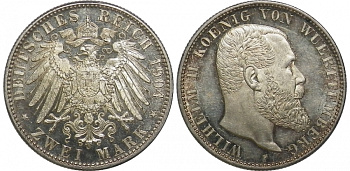 Вюртемберг 2 марки 1904 F, Вильгельм II (1891-1918) KM 631, J.174 серебро PROOF 00-805-03