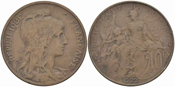 ФРАНЦИЯ 10 САНТИМОВ 1902 ТИП ДАНИЭЛЬ ДЮПЮИ KM 843, LA FRANC 136.12 бронза 109-144