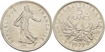 ФРАНЦИЯ 5 ФРАНКОВ 1972 СЕЯТЕЛЬ KM 926a.1, LE FRANC 341.4 медно-никель плакированный никелем 4403-316