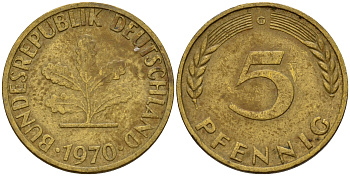 ФРГ 5 пфеннигов 1970 G J.382, KM 107 сталь плакированная латунью    4598-946