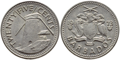 Барбадос 25 центов 1973 ветряная мельница Моргана Льюиса KM 13 медно-никель 4398-333