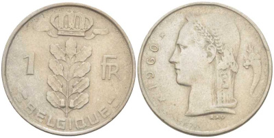 БЕЛЬГИЯ 1 ФРАНК 1960 BELGIQUE, БОДУЭН I (1951-1993) KM 142.1 медно-никель 213-513