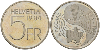 Швейцария 5 франков 1984 100 лет со дня рождения Огюста Пикара KM 63 медно-никель  UNC  4593-935