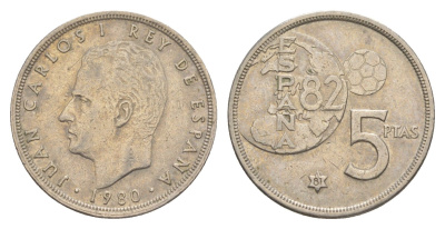 Испания 5 песет 1980 (81) Хуан Карлос I (1975-2014), чемпионат мира по футболу 1982 года в Испании KM 817 медно-никель 4650-122