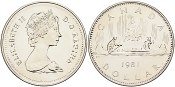 Канада 1 доллар 1981 Елизавета II (1952-2022), каноэ KM 120.1 никель  UNC  4578-422