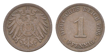 Германия 1 пфенниг 1905 A, Вильгельм II (1888-1918) KM 10, J. 10 медь 4647-837
