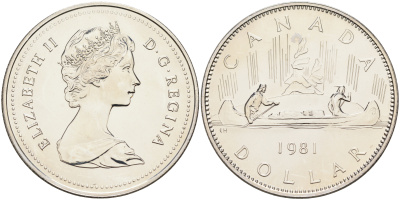Канада 1 доллар 1981 Елизавета II (1952-2022), каноэ KM 120.1 никель  UNC  4578-422