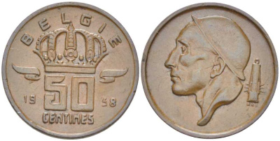 БЕЛЬГИЯ 50 САНТИМОВ 1958 BELGIE, БОДУЭН I (1951-1993) KM 149.1 бронза 214-164