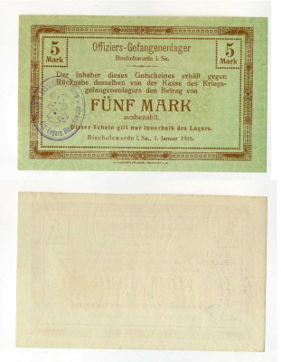 Германия 5 марок 1916 Бишофсверда в Саксонии, лагерь военнопленных офицеров и тюрьмы C-2757 бумага UNC (пресс) 504-70-1-1