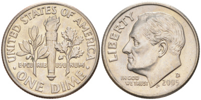США 10 ЦЕНТОВ = 1 ДАЙМ 2005 D, РУЗВЕЛЬТ KM 195a медь плакированная медно-никелем UNC 187-1125