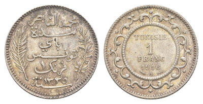 Тунис 1 франк 1916 A, ???? KM 238 серебро UNC 1526-414