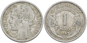 ФРАНЦИЯ 1 ФРАНК 1947 B, ТИП MORLON KM 885а.1, LE FRANC 221.12 алюминий 212-914