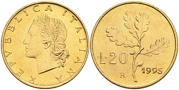 Италия 20 лир 1995 R, дубовый лист KM 97.2 алюминиевая бронза  UNC  4594-945