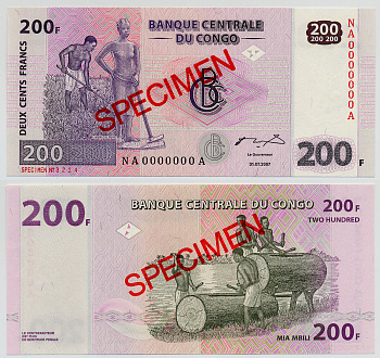 Конго 200 франков 2007 SPECIMEN Pick 95s бумага UNC (пресс) 6279-11-2-1