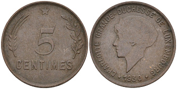 Люксембург 5 сантимов 1930 великая герцогиная Шарлотта (1919-1964) KM 40 бронза 4525-444