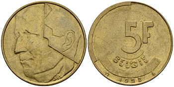 Бельгия 5 франков 1992 Belgie, Бодуэн I (1951-1993) KM 164 алюминиевая бронза 4601-321