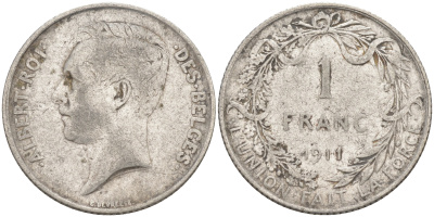Бельгия 1 франк 1911 Альберт I (1909-1934), Des Belges KM 72 серебро 106-425
