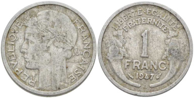 ФРАНЦИЯ 1 ФРАНК 1947 B, ТИП MORLON KM 885а.1, LE FRANC 221.12 алюминий 212-914