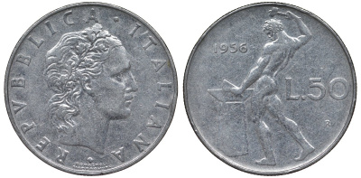 Италия 50 лир 1956 R, бог огня Вулкан у наковальни KM 95.1 нержавеющая сталь 4128-1244