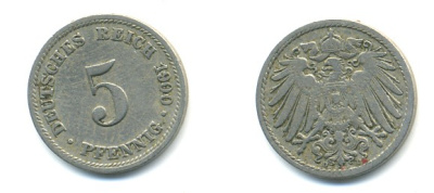 ГЕРМАНИЯ 5 ПФЕННИГОВ 1900 D, KM 11, J. 12 медно-никель 4379-516