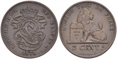 Бельгия 2 сантима 1873 Des Belges, Леопольд II (1865-1909) KM 35.1 медь 110-146