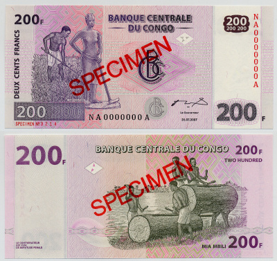 Конго 200 франков 2007 SPECIMEN Pick 95s бумага UNC (пресс) 6279-11-2-1