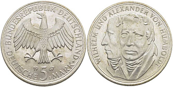 ФРГ 5 марок 1967 F, Вильгельм и Александр фон Гумбольдт J. 395, KM 120.1 серебро 1087-8-51