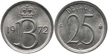 Бельгия 25 сантимов 1972 Belgique, Бодуэн I (1951-1993) KM 153.1 медно-никель 99-423