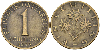 Австрия 1 шиллинг 1959 KM 2886 алюминиевая бронза 4592-957