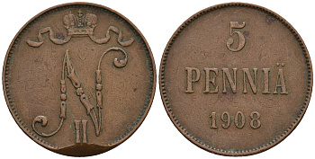 Россия для Финляндии 5 пенни 1908 Николай II (1894-1917) KM 15, Биткин 449 медь 259-1147