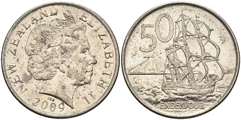 Новая Зеландия 50 центов 2009 Елизавета II (1952-2022), парусник Индевор KM 119а никелированная сталь 4579-1111