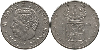 Швеция 1 крона 1969 Густав VI Адольф (1950-1973) KM 826а медь плакированная медно-никелем 181-134