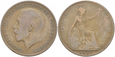 Великобритания 1 пенни 1921 Георг V (1910-1936) KM 810, Spink 4051 бронза 4403-823