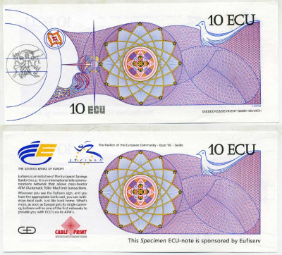 ГЕРМАНИЯ 10 ЭКЮ 1992 ПРОБНИК, МЮНХЕН ЭКСПО 92, СУВЕНИРНАЯ бумага UNC (ПРЕСС) 7146-28-1-2