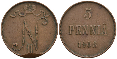 Россия для Финляндии 5 пенни 1908 Николай II (1894-1917) KM 15, Биткин 449 медь 259-1147