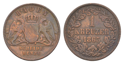 Баден 1 крейцер 1863 Фридрих I (1856-1907) KM 242 медь 4604-846