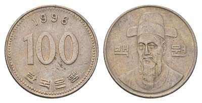 Южная Корея 100 вон 1996 Ли-Сунсин, корейский флотоводец KM 35 медь цинк никель 3336-343